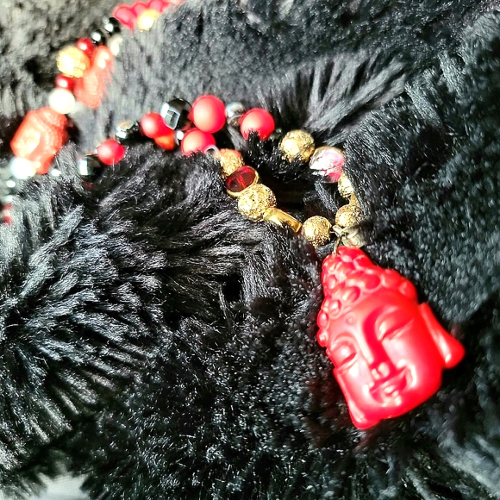 Authentic Gemstone Necklace, Men w Buddha Protection, Red Gold Black